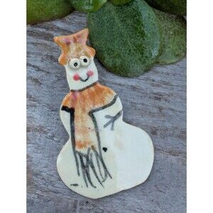 Vintage Ceramic Snowman Brooch: Artisan Christmas Jewelry